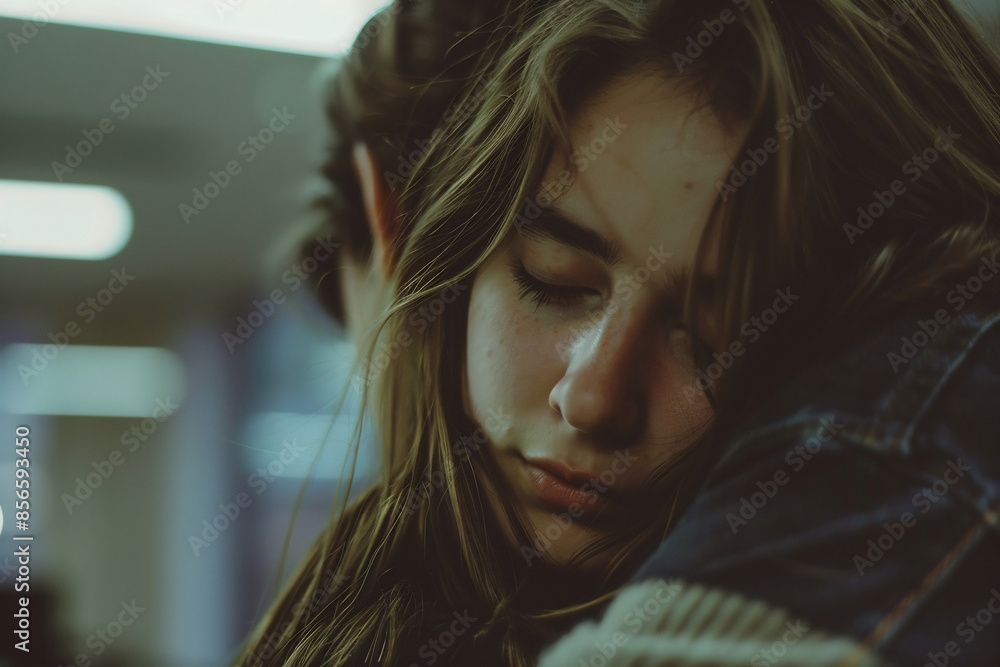 Wall mural young woman in jacket resting her head on a man's shoulder, dimly lit urban setting, conveying a sen