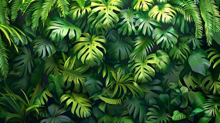 Dense tropical foliage in a 3D mural, vibrant green background, raw style, detailed and dynamic, lush greenery
