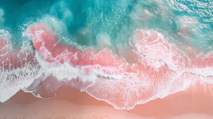 Aerial view of pink sand beach with blue waves