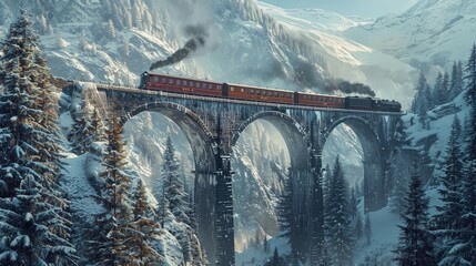 Fototapeta premium Train Crossing a Snowy Stone Arch Bridge