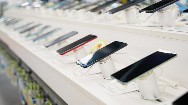 Row of variety smartphones in appliance store