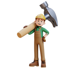 3D Construction Worker Character Carrying Big Hammer on Shoulder