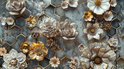 Fototapeta premium Flower-like hexagonal pattern, abstract and luxurious, in gray and gold tones, intricate details, raw and refined finish