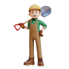 3D Construction Worker Character Holding a Shovel in Confident Pose