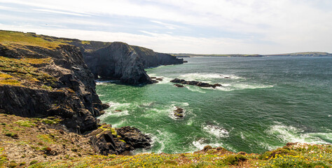 Padstow Cornwall, UK. Landscape on a sunny April day. Beautiful view of the mountains and ocean.
