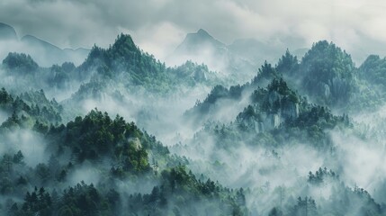 Forested mountains in the morning mist, fog creating a serene and mysterious landscape, raw style, detailed textures