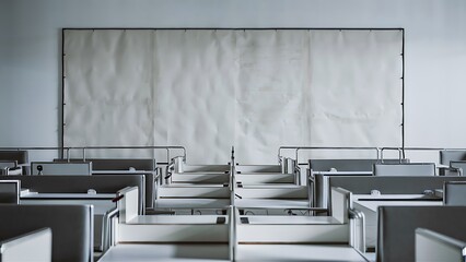 A minimalist modern office setting, featuring a large blank wall that invites creativity and personalization. The office space is neatly arranged,