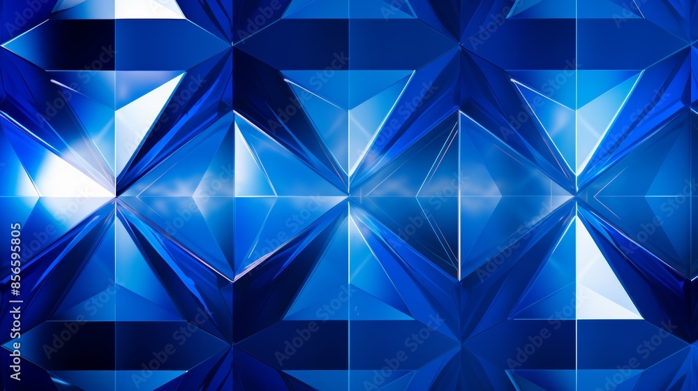 Poster striking abstract blue background with contrasting diamonds and squares in a bold geometric pattern, inspired by Op Art.
