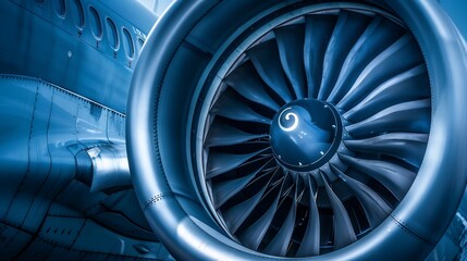 A closeup of the engine fan blades on an airplane, showcasing their intricate design and power in a dark blue color theme with a white background, in an ultra realistic photographic style.