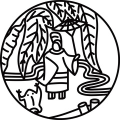 線画円形シンプル花札　霜月　栃　11月　小野道風　栃に小野道風