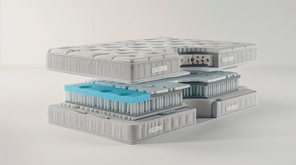 Detailed cutaway view of high-quality mattress, showcasing inner workings with labeled layers explained to demonstrate materials and functions. Generative AI