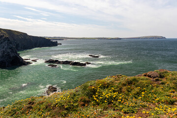 Padstow Cornwall, UK. Landscape on a sunny April day. Beautiful view of the mountains and ocean.