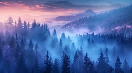 Obraz premium Misty mountain landscape at dawn, morning mist enveloping the forest trees, raw style, serene and atmospheric, detailed natural textures