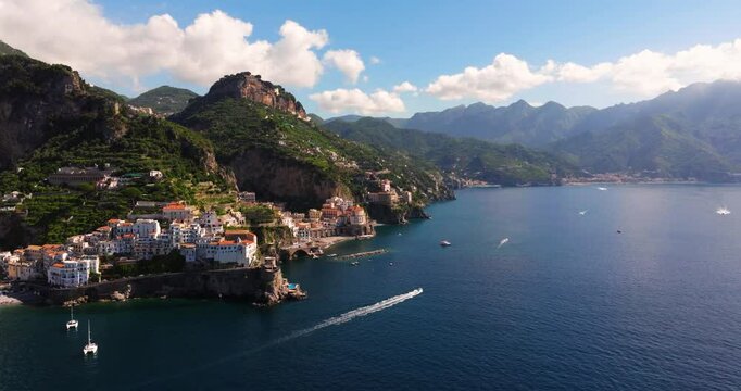 Cinematic Establishing Aerial Shot Above Beautiful Amalfi Coast. Scenic Drone View in Italy