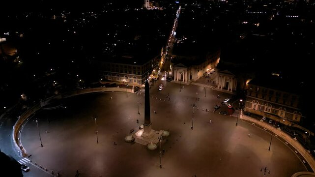 Dolly Drone Shot Above Piazza del Popolo. Nighttime in Rome, Italy