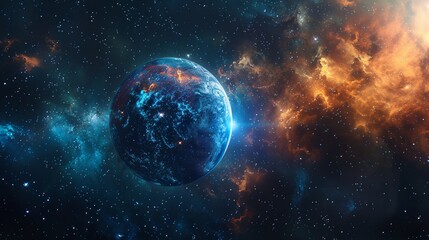Obraz premium Planet from an alien galaxy, cosmic star cluster and nebula background, raw style, rich colors and intricate details