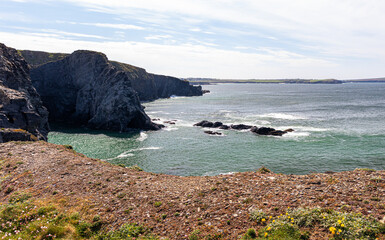 Padstow Cornwall, UK. Landscape on a sunny April day. Beautiful view of the mountains and ocean.
