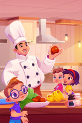 Chef and kids cook food character on kitchen table. Professional chief in hat with child cooking tomato and pasta on culinary workshop. Man in uniform hospitality for preparation meal with children