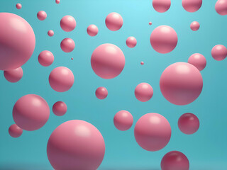 abstract childish Impressive 3d rendering  rosy and different size spheres turning around and flying in air in light blue background