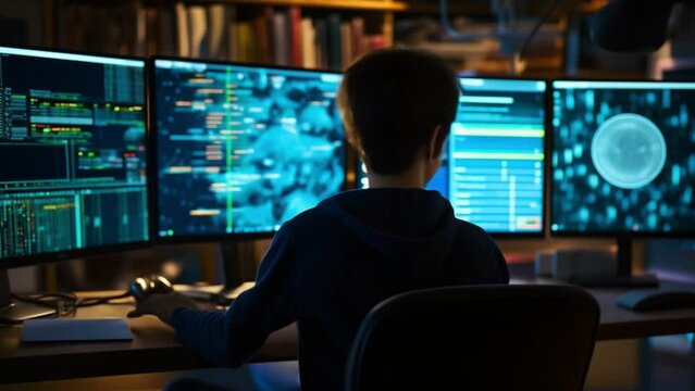 Kid with multi screen for coding and programming. Futuristic digital Learning concept. 4k video footage