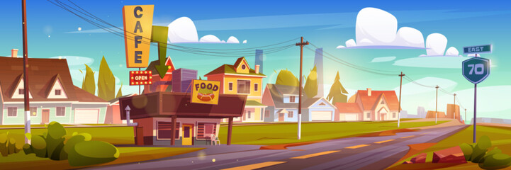 Cafe building on roadside of route with sign. Cartoon vector street fast food restaurant and store for drivers and travelers with suburban or village neighborhood on background. Road stall or kiosk.