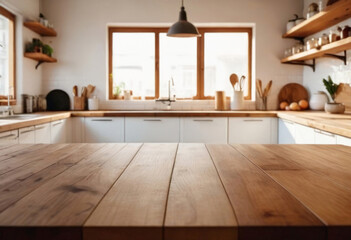 Fototapeta premium Empty Table for Product Display in a Cozy Modern Kitchen