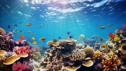 Fototapeta premium vibrant coral reef teeming with marine life, with colorful fish darting among the coral formations.