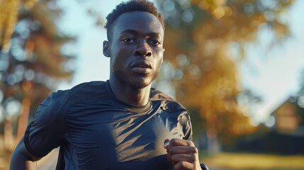 A man running in the park with sweat on his face