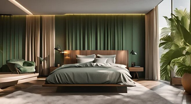 Modern luxury bedroom with bed, pillows, sage green sheets and tropical palm trees