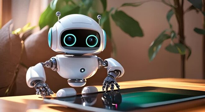 Cute little robot writes chat bot answers on smartphone