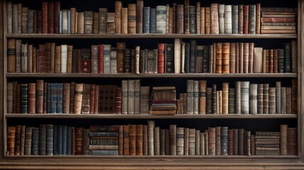 weathered wooden bookshelf filled with classic novels, its shelves overflowing with stories waiting to be discovered. 
