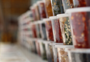 A selective focused sweet boxes kept for sale.