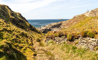 Padstow Cornwall, UK. Landscape on a sunny April day. Beautiful view of the mountains and ocean.