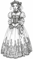 Coloring book. Beautiful Russian princess in a national dress