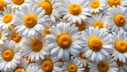 Fototapeta premium Field Of Daisies In Bloom. White Petals And Yellow Centers.