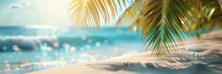 Beautiful blurred background, white sand and blue water on the beach with palm trees