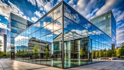 Fototapeta premium An environmentally friendly building in a modern city: a sustainable glass office building with trees for reducing environmental impact. 