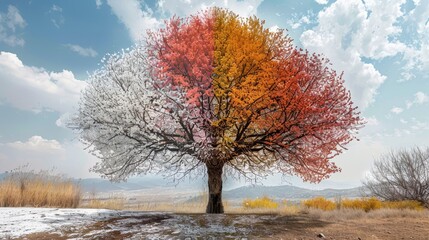 Fototapeta premium Tree divided into four seasonal sections, displaying winter, spring, summer, and fall, vibrant colors and weather, raw and intricate