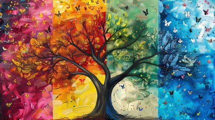 Tree illustrating all four seasons, each segment with unique colors and weather, raw style, intricate and vibrant