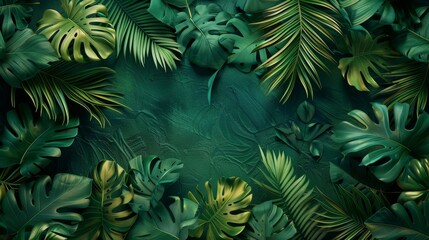 Tropical leaves in a 3D mural, set against a vibrant green background, raw style, rich textures, detailed and lush