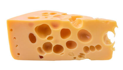 High resolution photo of a wedge of swiss cheese with holes, set against a transparent backdrop