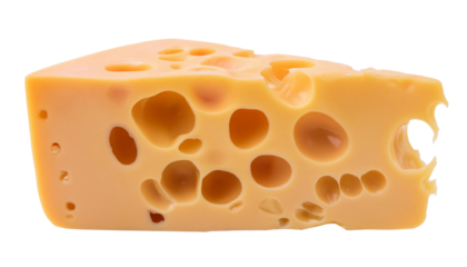 High resolution photo of a wedge of swiss cheese with holes, set against a transparent backdrop