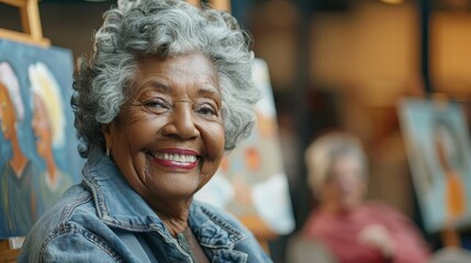 A woman with gray hair is smiling and wearing a blue jacket