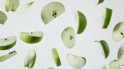 A creative image featuring sliced green apples seemingly floating on a white background