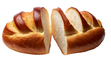 Freshly baked challah bread, traditional jewish loaf, sliced on a clear background