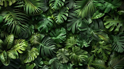 Vibrant green background with a 3D mural of dense tropical foliage, lush leaves in intricate detail, raw style, striking and vivid