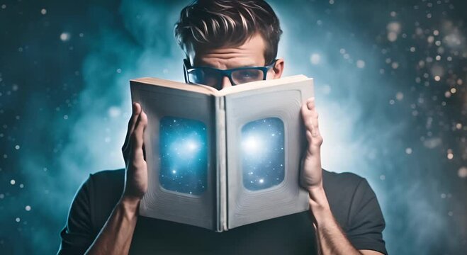 A man reads a book in the library that depicts a bookworm
