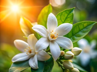 Obraz premium Delicate white orange blossoms with a golden glow and soft green leaves in the background.