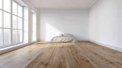 Minimalist bedroom in a luxury apartment bathed with natural lighting coming from a window, with no furniture and copy space. Residential Real Estate concept image.