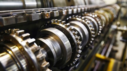 Close-up of interlocking engine gear wheels in a factory setting, highlighting the intricate metalwork